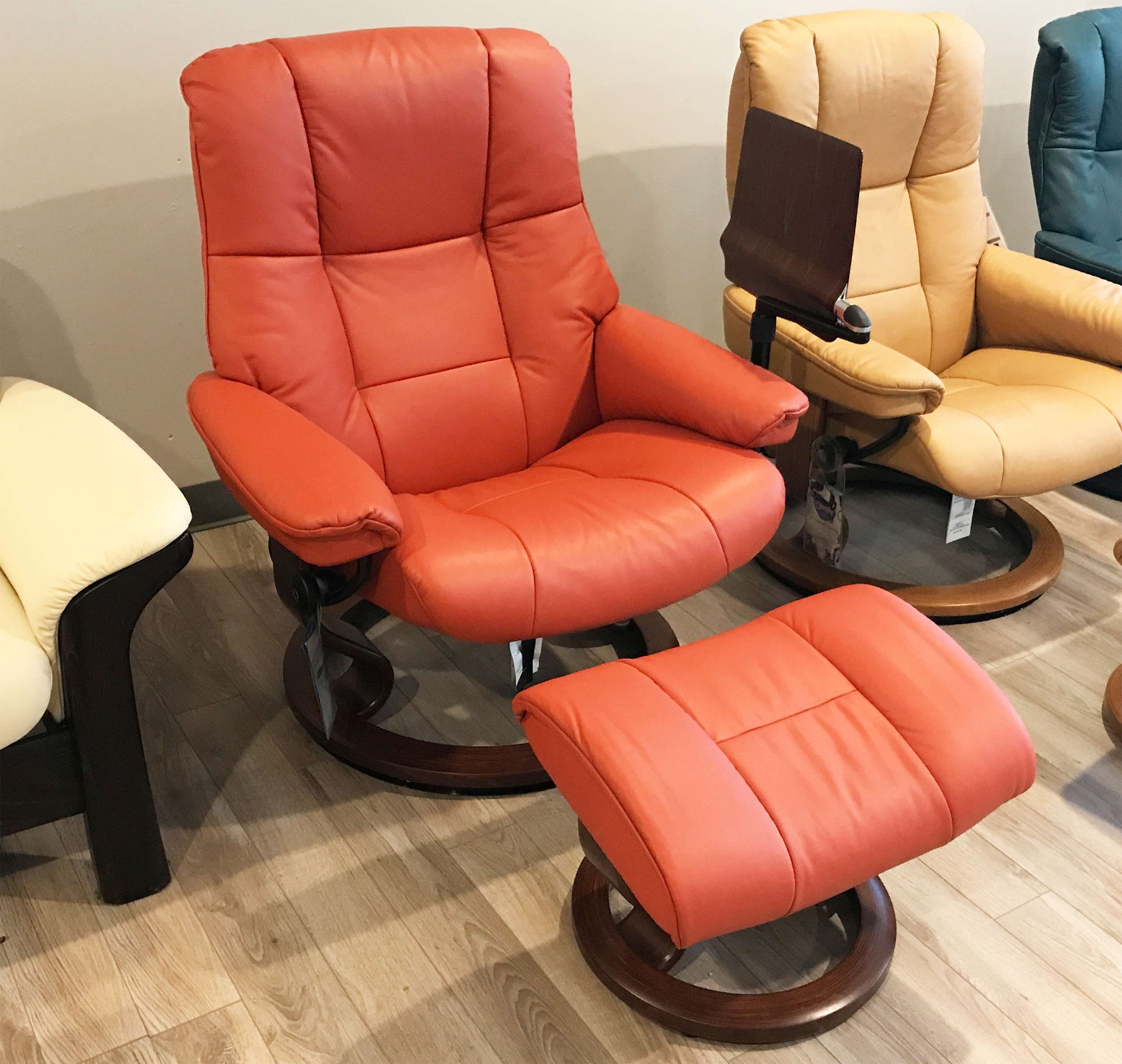 ekornes leather recliner and ottoman