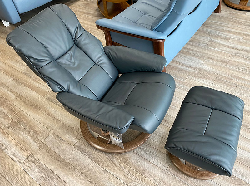 Stressless Mayfair Classic Base Paloma Shadow Blue Leather Recliner Chair and Ottoman with Walnut Wood Base by Ekornes