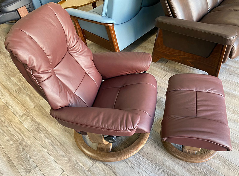 Stressless Mayfair Classic Base Paloma Bordeaux Leather Recliner Chair and Ottoman by Ekornes