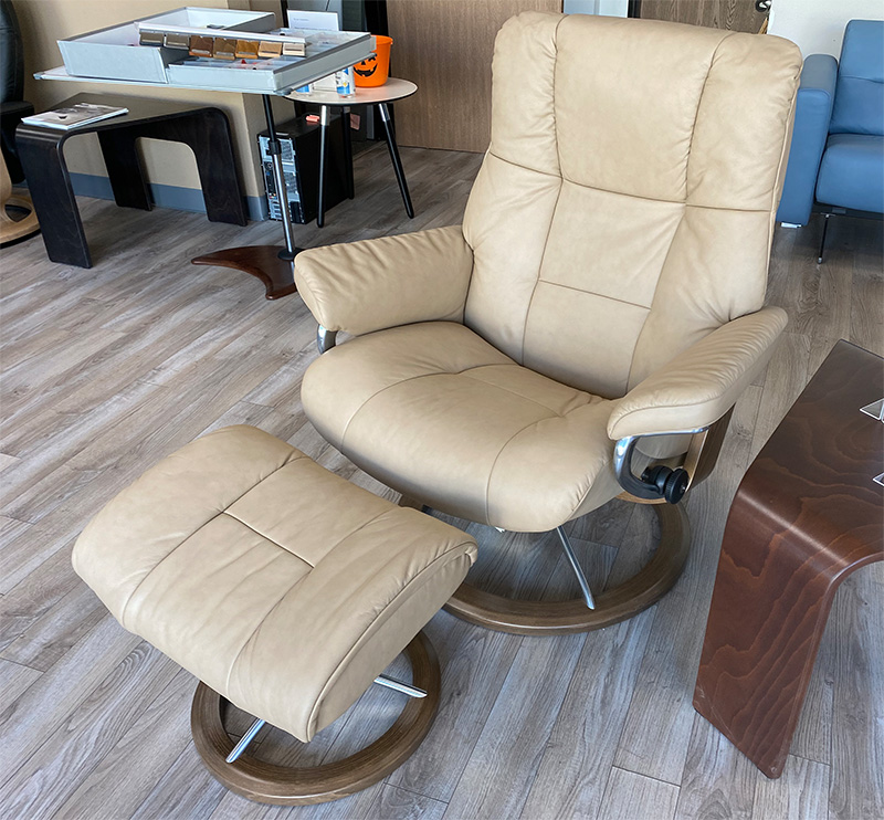 Stressless Mayfair Signature Chrome Base Walnut Wood Paloma Sand Leather Recliner Chair by Ekornes