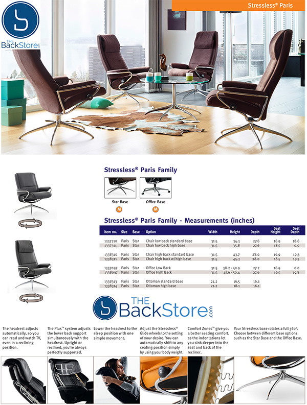 Stressless Paris Recliner Chair and Ottoman Measurements by Ekornes