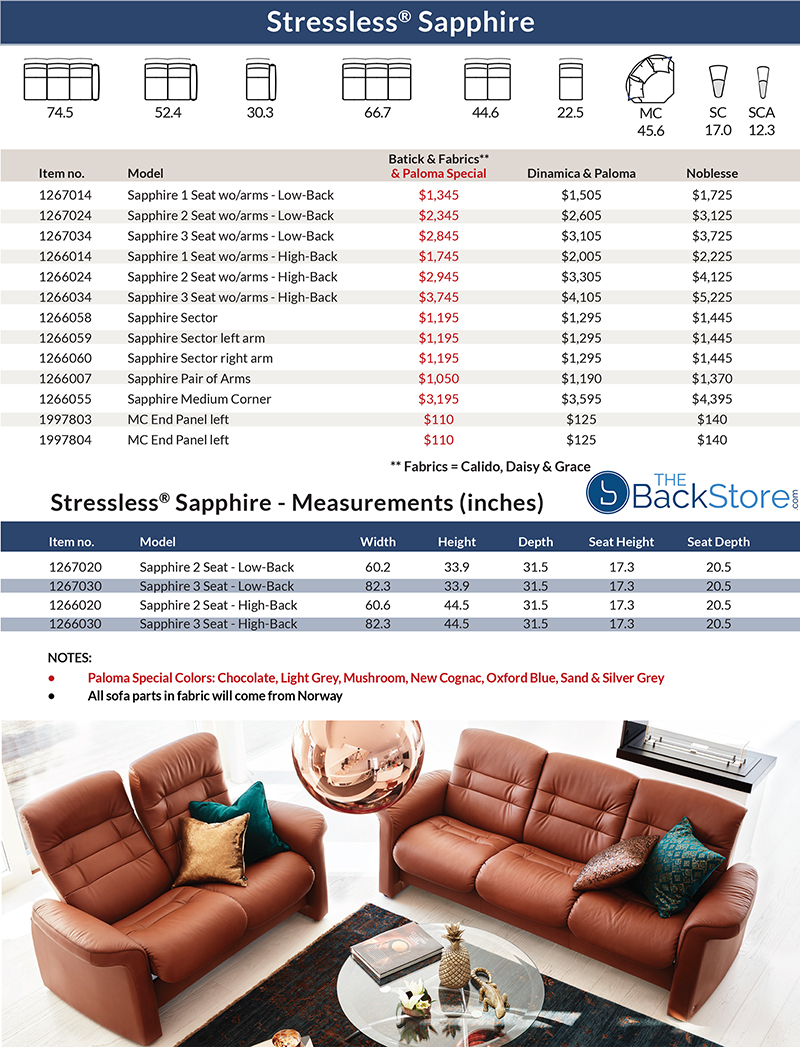 Ekornes Sapphire Sofa and Loveseat measurements by Stressless