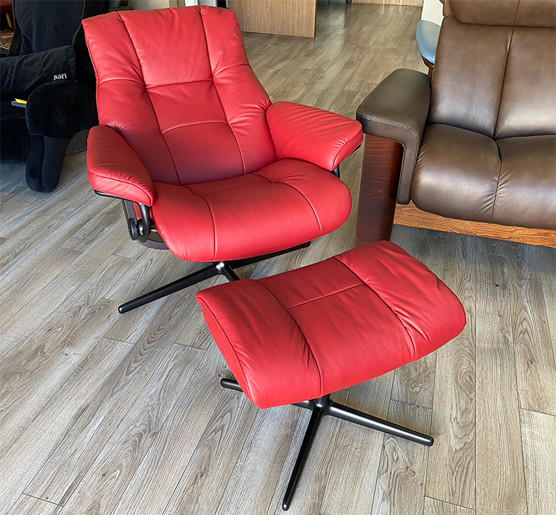 Stressless Mayfair Signature Matte Black Base Paloma Cherry Recliner Chair and Ottoman by Ekornes