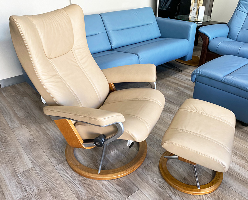 Stressless Wing Signature Chrome Base Recliner Chair and Ottoman in Paloma Sand Leather