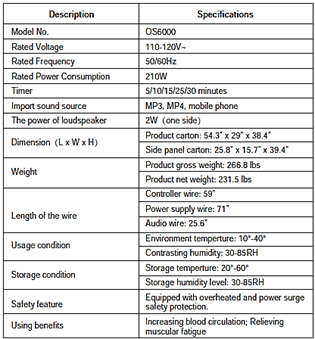 Osaki OS-7200H Executive Zero Gravity Massage Chair Recliner Specifications