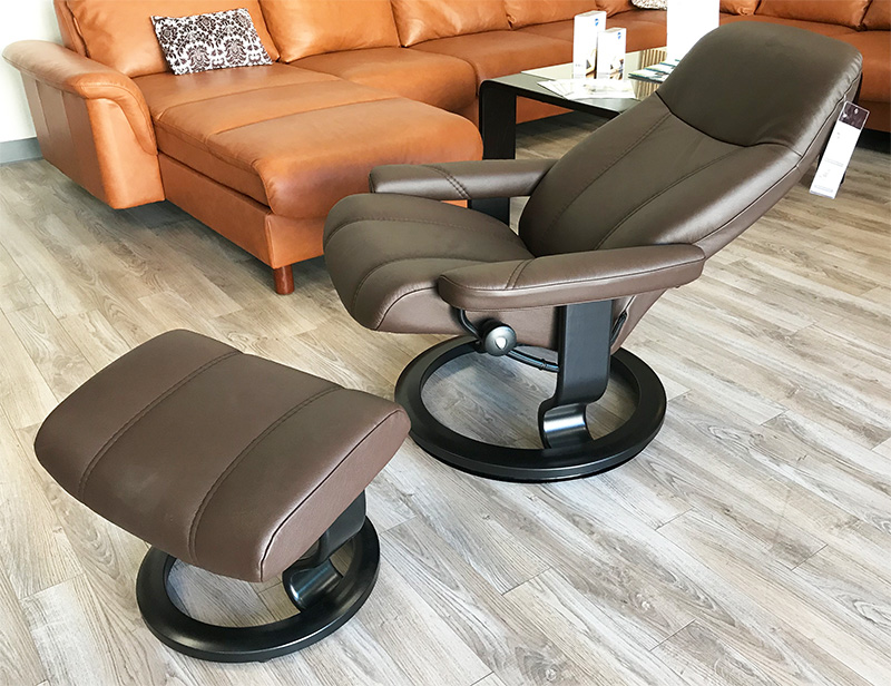 Stressless Consul Recliner Chair and Ottoman Batick Brown Leather by Ekornes