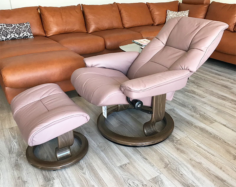 Stressless Mayfair Paloma Dusty Rose Leather Recliner Chair and Ottoman by Ekornes