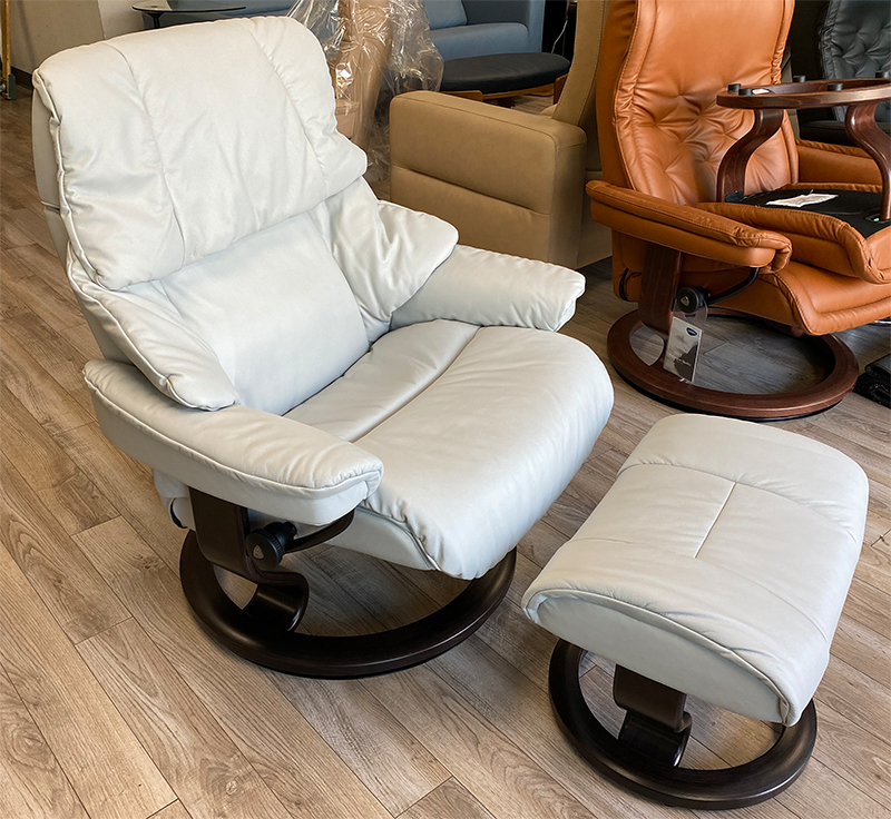 Stressless Reno Paloma Misty Grey Leather Recliner Chair and Ottoman with Wenge Wood Stain Classic Base by Ekornes