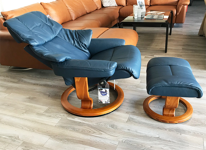 Stressless Reno Paloma Oxford Blue Leather Recliner Chair and Ottoman with Cherry Wood Stain by Ekornes