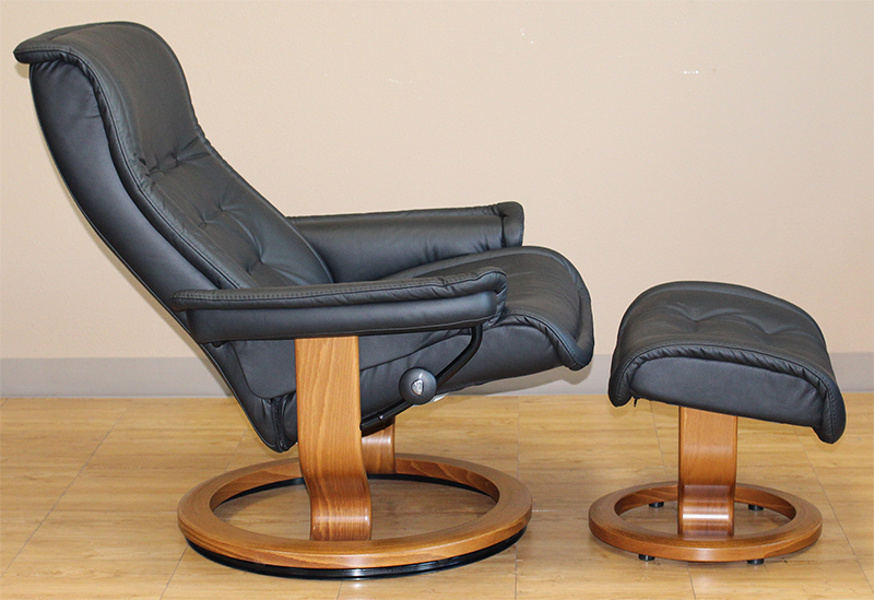 Stressless Royal Recliner Chair and Ottoman in Paloma Black Leather by Ekornes