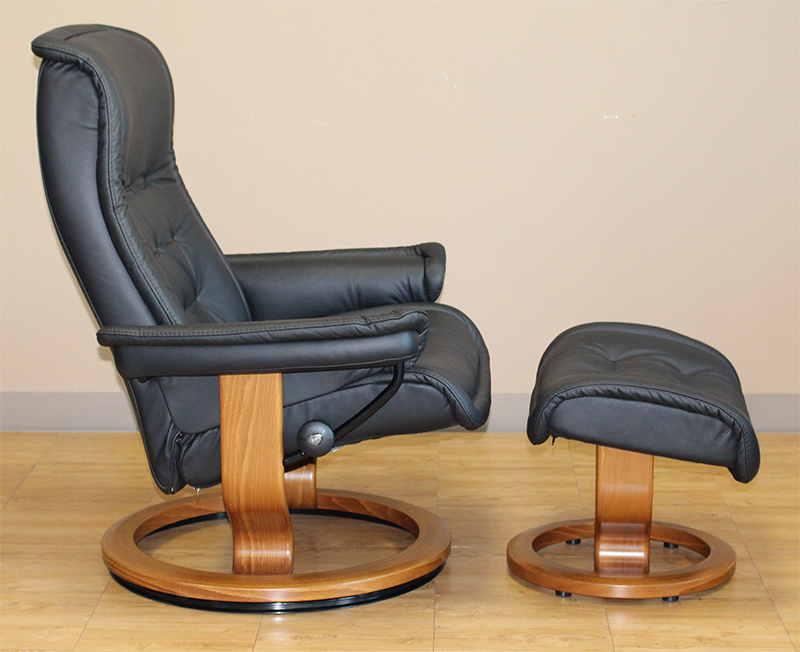 Stressless Royal Recliner Chair and Ottoman in Paloma Black Leather by Ekornes