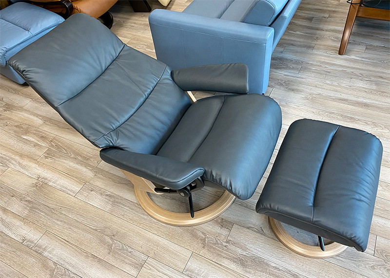 Stressless View Signature Matte Black Base Paloma Shadow Blue Leather with Oak Wood Stain Base Recliner Chair by Ekornes