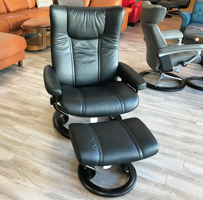 Stressless Wing Ekornes Recliner Chair and Ottoman in Paloma Black Leather