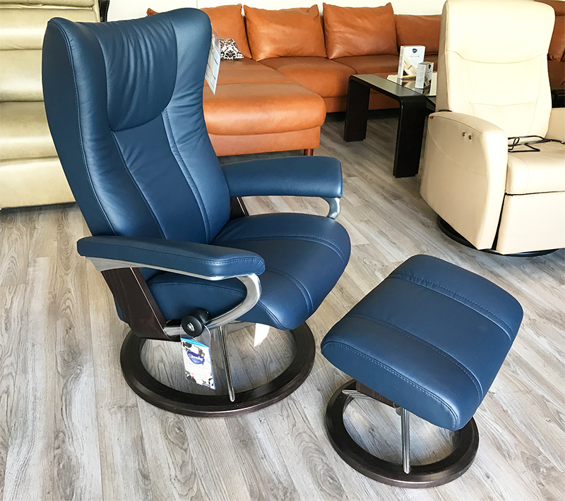 Stressless Wing Signature Wenge Wood Base Recliner Chair and Ottoman in Paloma Oxford Blue Leather