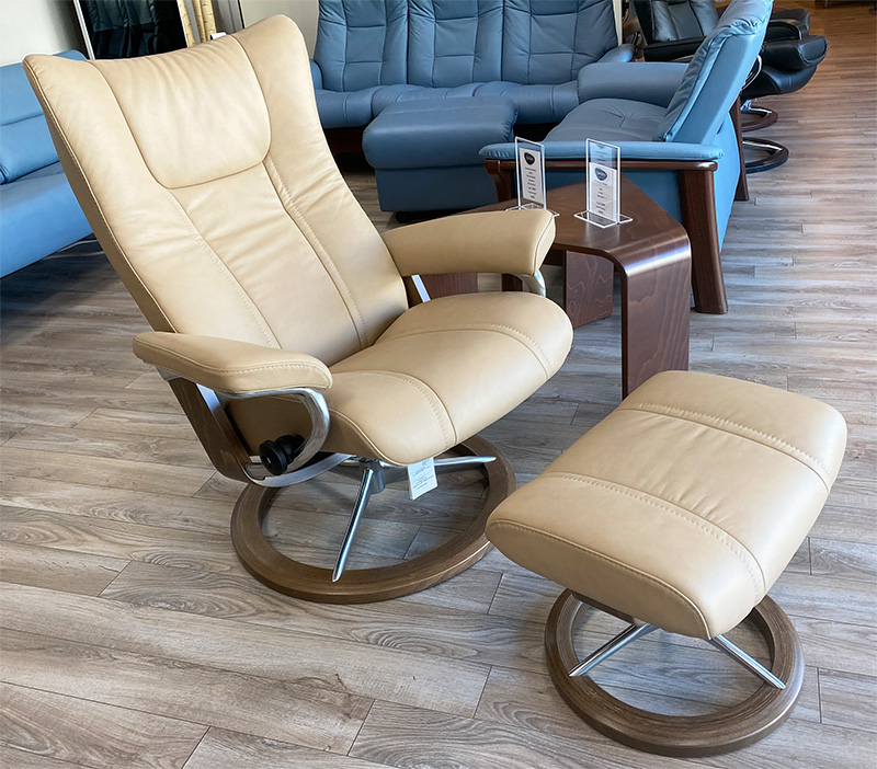 Stressless Wing Signature Polished Aluminum Base Recliner Chair and Ottoman in Paloma Sand Leather with Light Walnut Wood Base