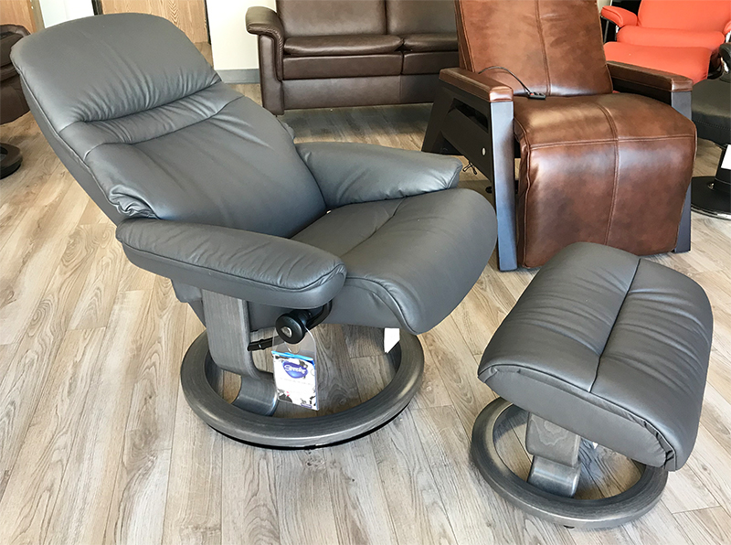 Stressless Sunrise Paloma Rock Leather Recliner Chair with Grey Wood Stain Base and Ottoman